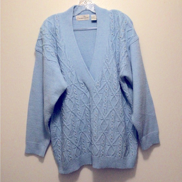 Vintage Amanda Scott 2X v- neck baby blue pullover faux pearl design sweater - Picture 2 of 8